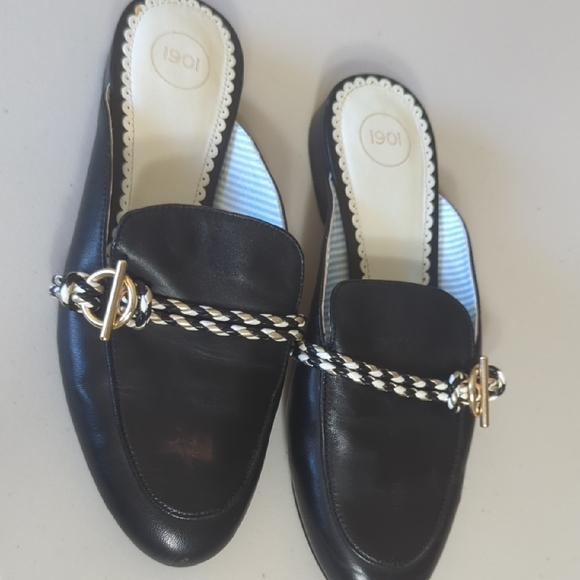 1901 Black Leather Mules with Gold Accent - Picture 2 of 5